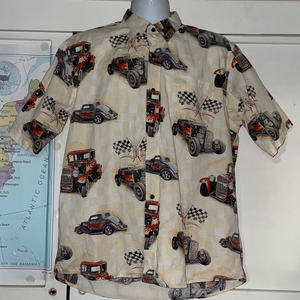 North River Mens XL Hot Rod Classic Car Racing Print Cotton Button down SS Shirt